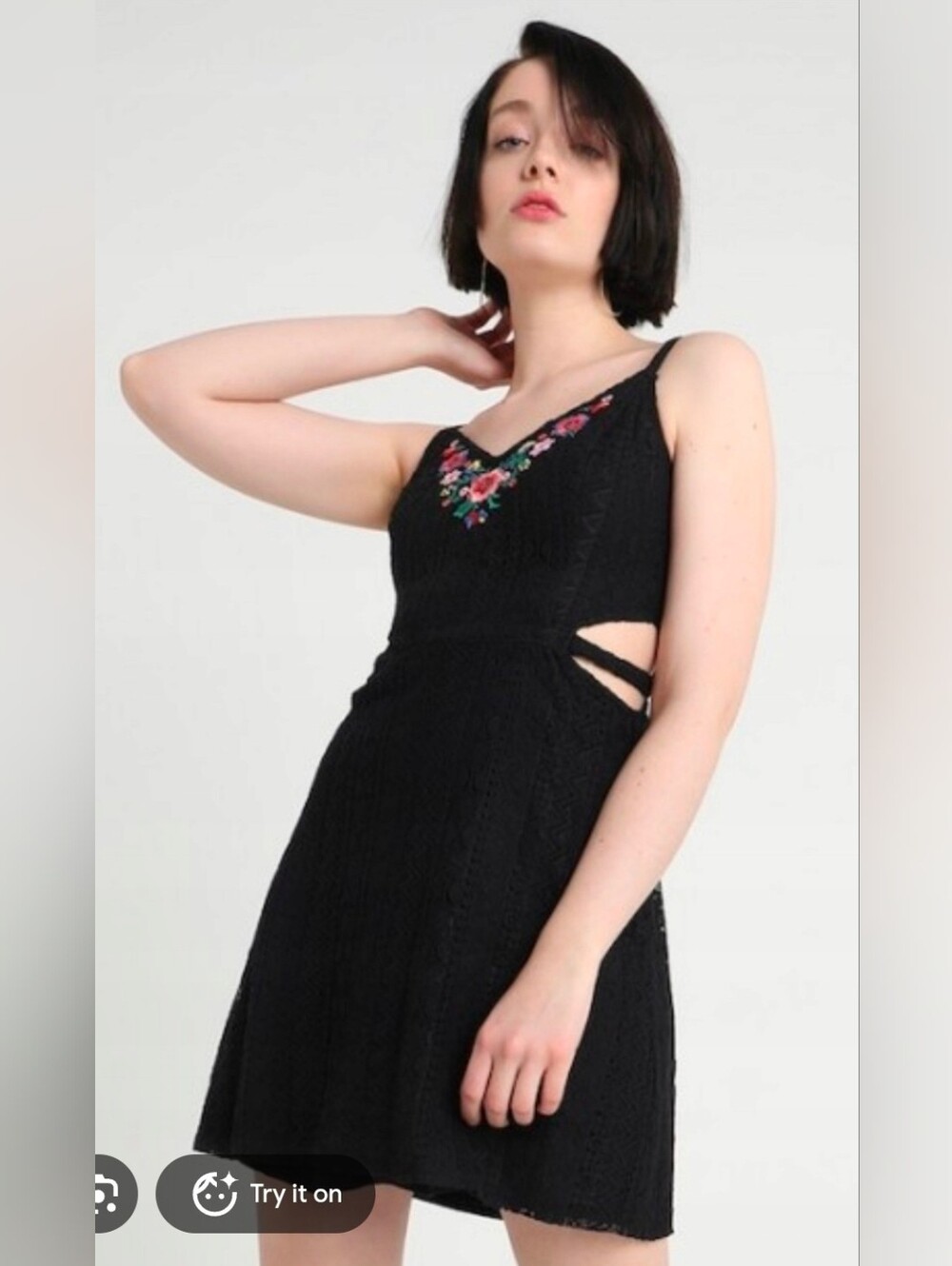 Hollister Women's Black Lace Embroidered Floral V-Neck Cutout Tie Mini M